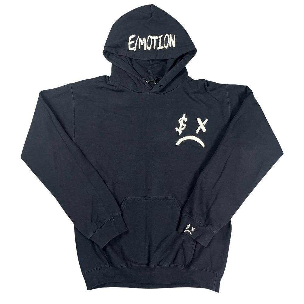 E-Motion Brand Sad Face Puff Print Hoodie Black Mens Small Streetwear Sweatshirt